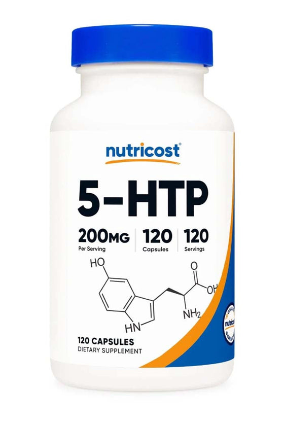 Image showing Nutricost's 5-HTP supplement, a potent, natural health booster derived from the Griffonia simplicifolia plant. Available at unbeatable prices at Discount Annex.