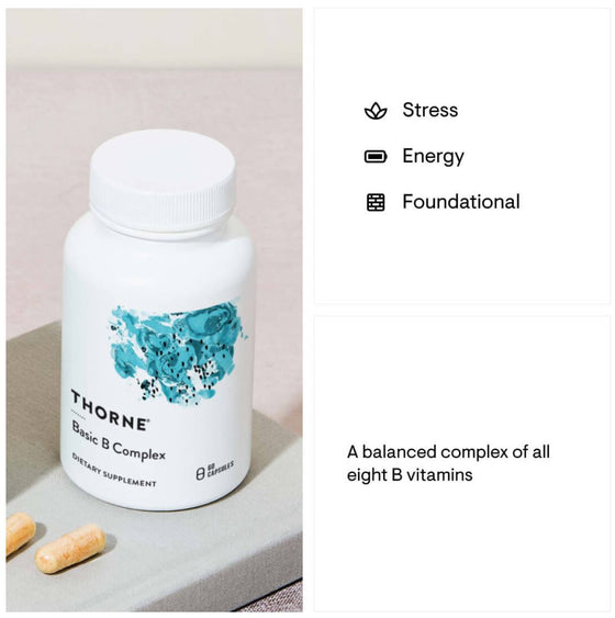 Experience wellness with Thorne's Balanced B Vitamin Complex, sold at Discount Annex. This blend of 8 B vitamins and choline is designed to enhance neuronal function, boost cellular energy, and support overall health.