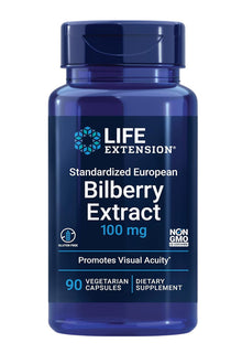  Close-up of Life Extension Standardized European Bilberry Extract capsule bottle with focus on the product label detailing 100 mg dosage and 90 capsules.