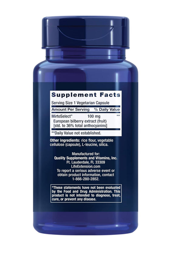 Nutritional facts label on a supplement bottle, detailing bilberry extract dosage and ingredients for cardiovascular health.