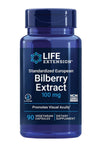 Close-up of Life Extension Standardized European Bilberry Extract capsule bottle with focus on the product label detailing 100 mg dosage and 90 capsules.