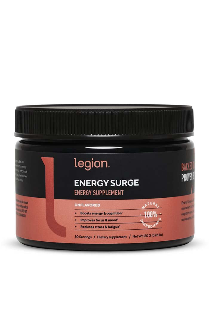 Legion's Energy Surge bottle gleaming against a neutral backdrop, showcasing its promise of natural stamina boost – grab yours today at Discount Annex.