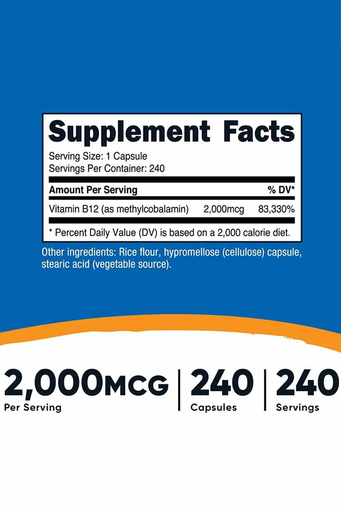Experience the healthful impact of Nutricost's Vitamin B12, packed in easy-to-swallow vegetarian capsules. Containing 2000mcg of high-quality, bioavailable Methylcobalamin, it promises amplified energy, enhanced mood, and radiant beauty. Secure your supply at Discount Annex today!
