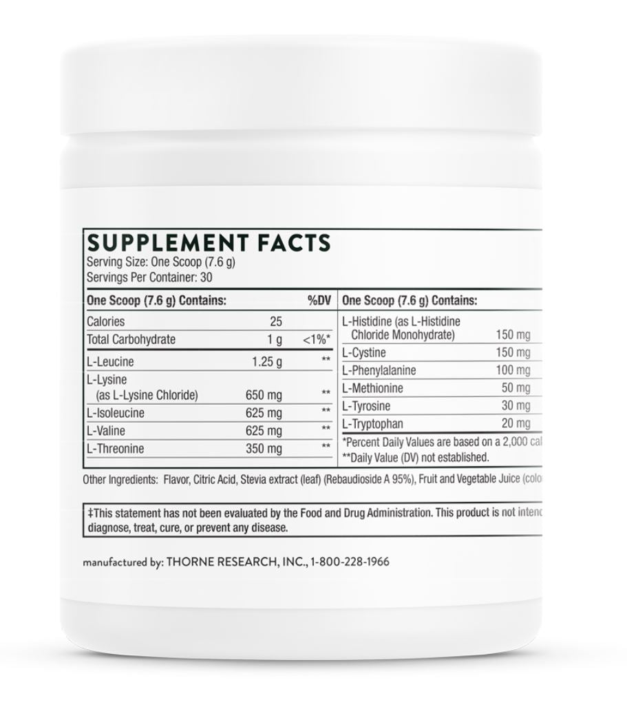 Unleash the power of Thorne's Amino Complex available at Discount Annex. This scientifically formulated blend rich in EAAs and BCAAs boosts muscle mass and energy production, an ideal supplement for fitness enthusiasts.